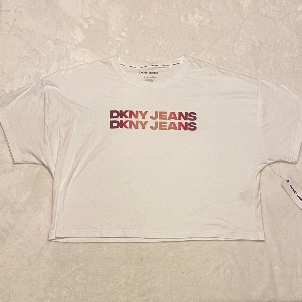 DKNY White Cropped Tee with Gradient Logo